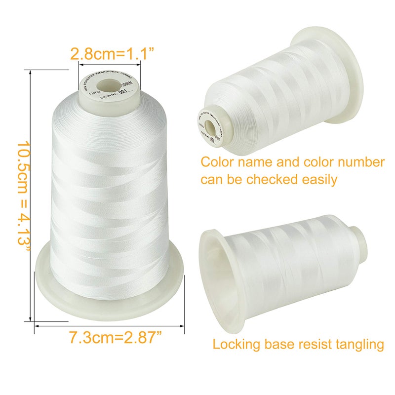 Simthread - 33 Selections - Various Assorted Color Packs of Polyester Embroidery Machine Thread Huge Spool 5500Y for All Purpose Sewing Embroidery Machines - #001 White - Image 2